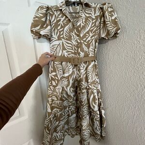 Leaf Print Long Sleeve Dress - Brown and White